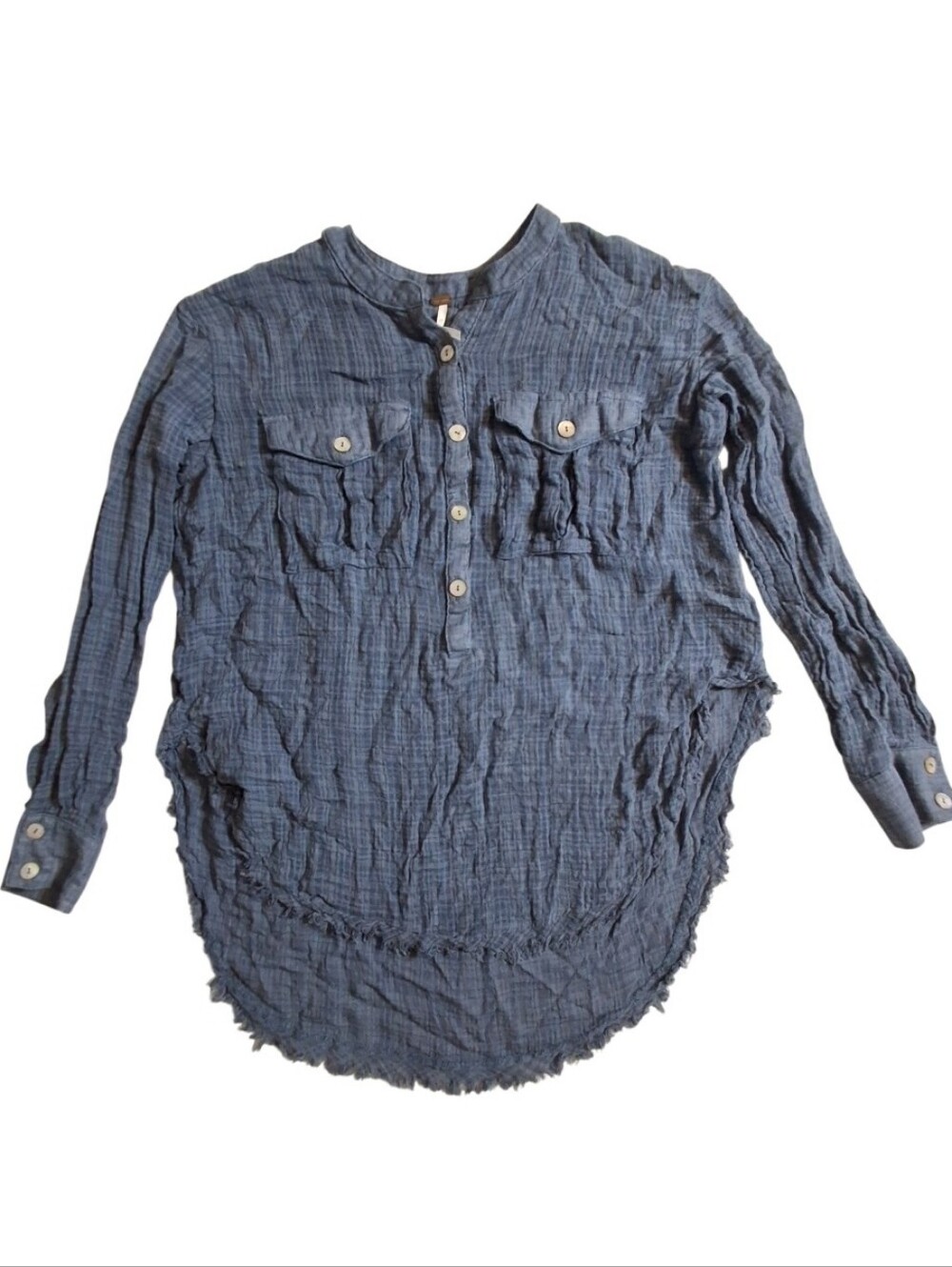 Free People Shirt Womens XS Blue Talk To Me Gauzy Crinkle Fray Hem Button